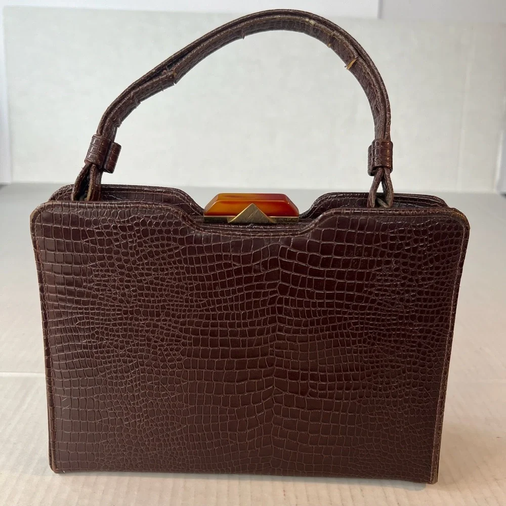 Vintage Gaymode Crocodile Or Alligator Purse Handbag‎ Bakelite Clasp